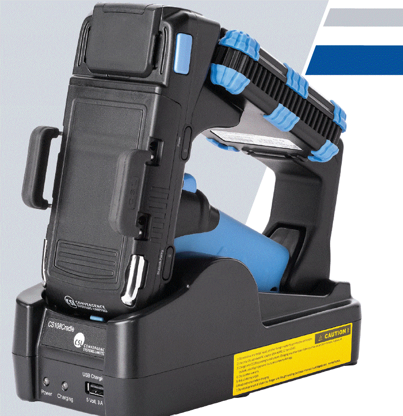image of hand held scanner in its charging base.